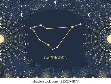 Tarjeta dibujada a mano de Capricornio dorado, Sol, Luna, estrella. Espacio celestial de constelación. Símbolo de horóscopo zodiaco, astrología estrella, signo de astrología, icono. Galaxia del espacio mágico, ilustración del esbozo vectorial