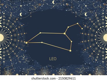 Hand drawn card of golden Leo, Sun, Moon, star. Constellation celestial space. Zodiac horoscope symbol, star astrology, astrology sign, icon. Magic space galaxy, vector sketch illustration