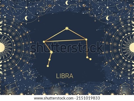 Hand drawn card of golden Libra, Sun, Moon, star. Constellation celestial space. Zodiac horoscope symbol, star astrology, astrology sign, icon. Magic space galaxy, vector sketch illustration