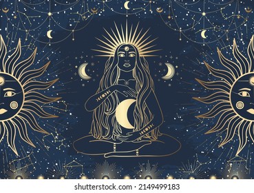 Hand drawn card of golden mystical woman with Sun, Moon, star in line art. Constellation celestial space. Spiritual abstract symbol, esoteric talisman. Magic space galaxy, vector sketch illustration