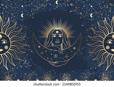 Hand drawn card of golden mystical woman with Sun, Moon, star in line art. Constellation celestial space. Spiritual abstract symbol, esoteric talisman. Magic space galaxy, vector sketch illustration