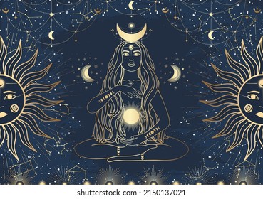 Hand drawn card of golden mystical woman with Sun, Moon, star in line art. Constellation celestial space. Spiritual abstract symbol, esoteric talisman. Magic space galaxy, vector sketch illustration