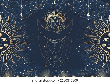 Hand drawn card of golden mystical woman with Sun, Moon, star in line art. Constellation celestial space. Spiritual abstract symbol, esoteric talisman. Magic space galaxy, vector sketch illustration