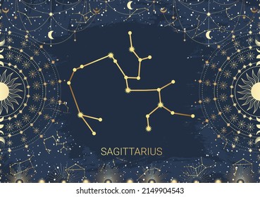 Hand drawn card of golden Sagittarius, Sun, Moon, star. Constellation celestial space. Zodiac horoscope symbol, star astrology, astrology sign, icon. Magic space galaxy, vector sketch illustration