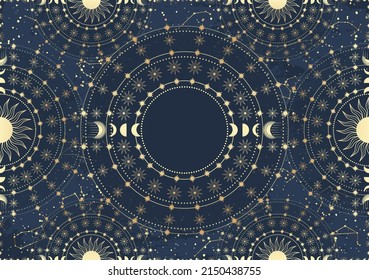 Handgezeichnete Karte von goldener Sonne, Mond, Stern, Sternbild. Sternbild-Himmelsraum. Zodiac Horoskop-Symbol, Sternastrologie, Astrologie-Zeichen, Symbol. Magische Weltraumgalaxie, Vektorgrafik