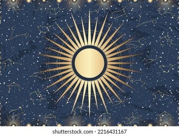 Hand drawn card of golden Sun, sunburst, light rays, stars. Constellation celestial space. Zodiac horoscope symbol, star astrology, astrology sign, icon. Magic space galaxy, vector sketch illustration