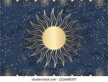 Hand drawn card of golden Sun, sunburst, light rays, stars. Constellation celestial space. Zodiac horoscope symbol, star astrology, astrology sign, icon. Magic space galaxy, vector sketch illustration