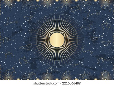 Hand drawn card of golden Sun, sunburst, light rays, stars. Constellation celestial space. Zodiac horoscope symbol, star astrology, astrology sign, icon. Magic space galaxy, vector sketch illustration