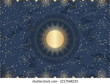 Hand drawn card of golden Sun, sunburst, light rays, stars. Constellation celestial space. Zodiac horoscope symbol, star astrology, astrology sign, icon. Magic space galaxy, vector sketch illustration