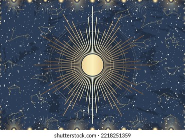 Hand drawn card of golden Sun, sunburst, light rays, stars. Constellation celestial space. Zodiac horoscope symbol, star astrology, astrology sign, icon. Magic space galaxy, vector sketch illustration