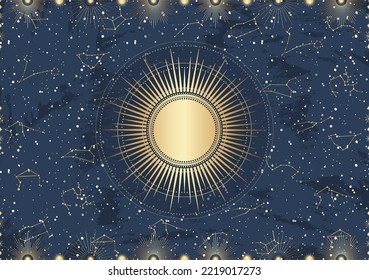 Hand drawn card of golden Sun, sunburst, light rays, stars. Constellation celestial space. Zodiac horoscope symbol, star astrology, astrology sign, icon. Magic space galaxy, vector sketch illustration