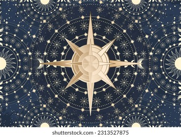 Hand drawn card of golden Sun, Moon, star. Magic celestial night space. Bohemian circle talisman collection, antique style, boho symbol, tarot emblem. Mystical galaxy space, vector sketch illustration