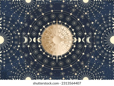 Tarjeta dibujada a mano de Sol dorado, Luna, estrella. Magnífico espacio nocturno celestial. Colección de talismán de círculo bohemio, estilo antiguo, símbolo boho, emblema tarot. Espacio de galaxia mística, ilustración de esbozo vectorial