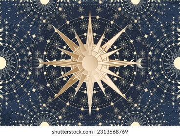 Hand drawn card of golden Sun, Moon, star. Magic celestial night space. Bohemian circle talisman collection, antique style, boho symbol, tarot emblem. Mystical galaxy space, vector sketch illustration
