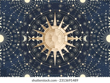 Hand drawn card of golden Sun, Moon, star. Magic celestial night space. Bohemian circle talisman collection, antique style, boho symbol, tarot emblem. Mystical galaxy space, vector sketch illustration