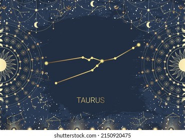 Hand drawn card of golden Taurus, Sun, Moon, star. Constellation celestial space. Zodiac horoscope symbol, star astrology, astrology sign, icon. Magic space galaxy, vector sketch illustration