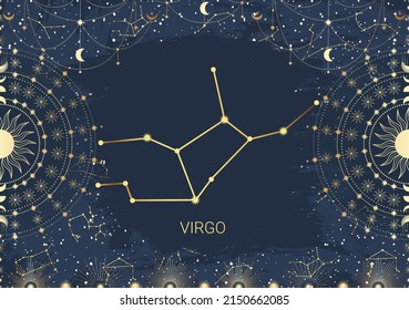 Hand drawn card of golden Virgo, Sun, Moon, star. Constellation celestial space. Zodiac horoscope symbol, star astrology, astrology sign, icon. Magic space galaxy, vector sketch illustration