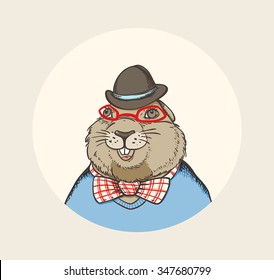 Hand drawn card for Groundhog Day with marmot hipster