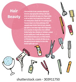 Hand drawn card hair care products.Beauty vector illustration.