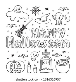 Hand drawn card 'happy halloween', doodle. Vector illustration. EPS 10