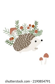 Hand drawn card with hedgehog and mushrooms. Cute childish illustration with forest animal and plants. Charming poster for nursery design, prints and apparel. Colored scandinavian vector illustration