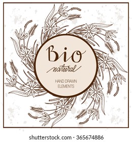 hand drawn card with herbs and flowers in vector style