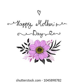 Hand drawn card with lettering Happy Mother's Day and decor of flower Dahlia, leaves, branches. Vector illustration on white background.
