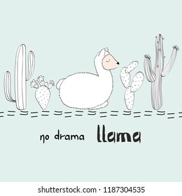 Hand drawn card with llama and cactus.No drama llama