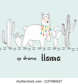 Hand drawn card with llama and cactus.No drama llama