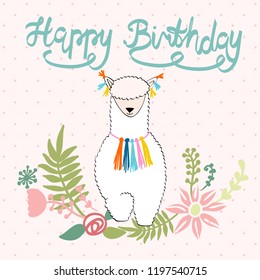 Hand drawn card with llama and flowers.