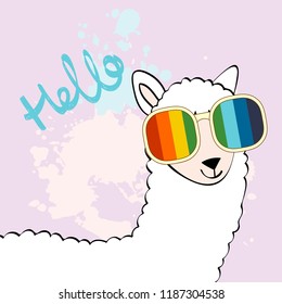 Hand drawn card with llama with glasses.