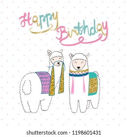 Hand drawn card with llama. Happy birthday.