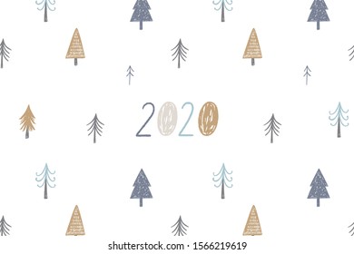 Hand Drawn card Merry Christmas. Vector Happy New Year print 2020 with hand drawn lettering. Happy Holidais