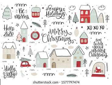 Hand Drawn card Merry Christmas. Vector Happy New Year print 2020 with hand drawn House and snow globe. Happy Holidais