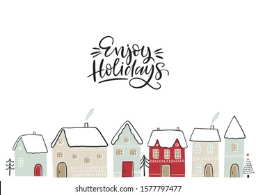 Hand Drawn card Merry Christmas. Vector Happy New Year print 2020 with hand drawn House and snow globe. Happy Holidais