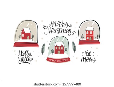 Hand Drawn card Merry Christmas. Vector Happy New Year print 2020 with hand drawn House and snow globe. Happy Holidais