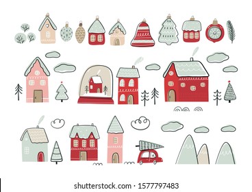 Hand Drawn card Merry Christmas. Vector Happy New Year print 2020 with hand drawn House and snow globe. Happy Holidais