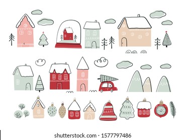 Hand Drawn card Merry Christmas. Vector Happy New Year print 2020 with hand drawn House and snow globe. Happy Holidais