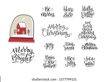 Hand Drawn card Merry Christmas. Vector Happy New Year print 2020 with hand drawn lettering quote. Happy Holidays
