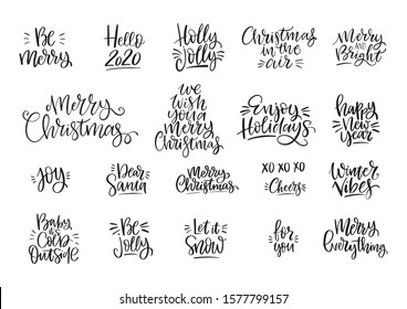 Hand Drawn card Merry Christmas. Vector Happy New Year print 2020 with hand drawn lettering quote. Happy Holidays