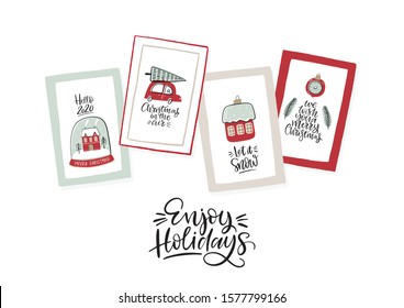 Hand Drawn card Merry Christmas. Vector Happy New Year print 2020 with hand drawn lettering quote. Happy Holidays