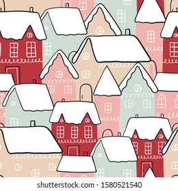 Hand Drawn card Merry Christmas. Vector Happy New Year print 2020 with hand drawn House. Happy Holidays seamless pattern