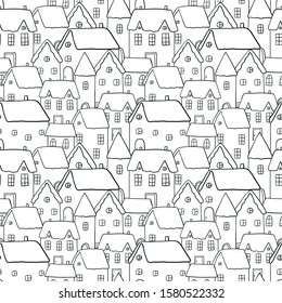 Hand Drawn card Merry Christmas. Vector Happy New Year seamless pattern 2020 with hand drawn House. Big coloring page