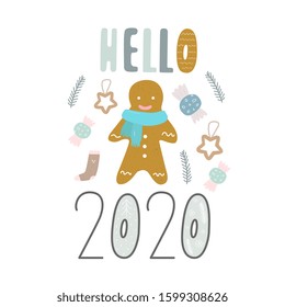 Hand Drawn card Merry Christmas. Vector Happy New Year print 2020 with hand drawn lettering. Happy Holidais
