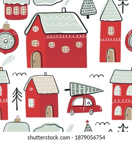 Hand Drawn card Merry Christmas. Vector Happy New Year print with hand drawn House. Happy Holidays seamless pattern