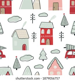 Hand Drawn card Merry Christmas. Vector Happy New Year print with hand drawn House. Happy Holidays seamless pattern