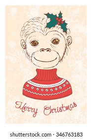 Hand drawn card with monkey dressed up in sweater. Vector illustration for holiday design, greeting card, christmas poster, invitation