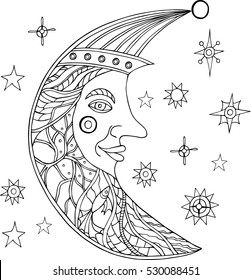 Hand drawn card with moon and stars. Vector