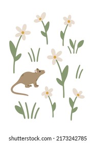 Hand drawn card with mouse and flowers. Cute childish illustration with forest animals and plants. Charming poster for nursery design, prints and apparel. Scandinavian vector illustration