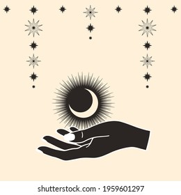 Hand drawn card of mystical Moon with woman`s hand, stars in line art. Spiritual symbol celestial space. Magic talisman, antique style, boho, tattoo. Astrology, astronomy vector illustration